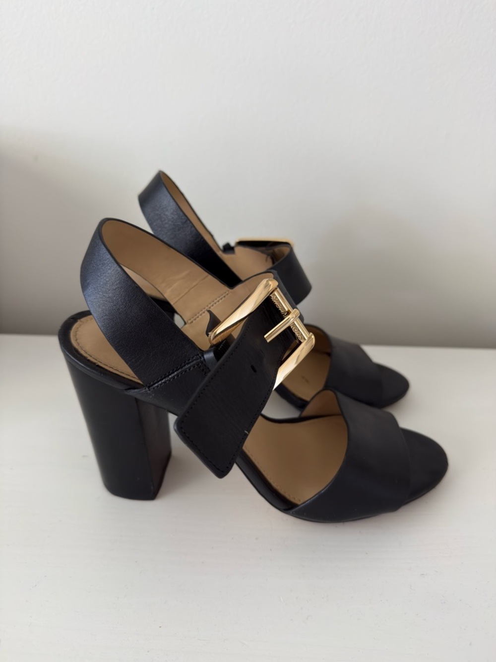 Michael Kors Leather Block Heel Sandals with Gold Buckle